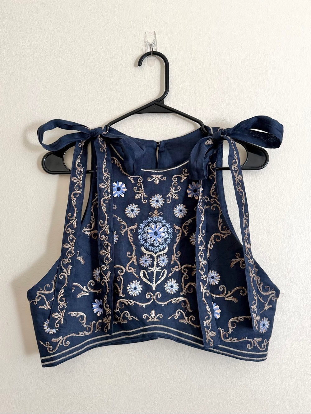 AGUA BENDITA Olmeca Mosaico Navy Tie-Shoulder Embroidered Linen Crop Top XL